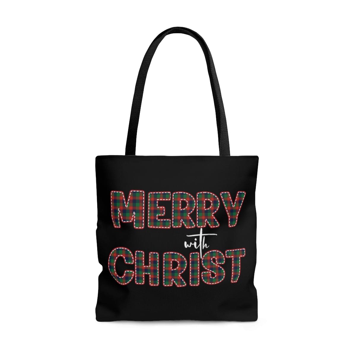 Canvas Tote Bag Merry With Christ Red And Green Plaid Christmas Holiday Pattern