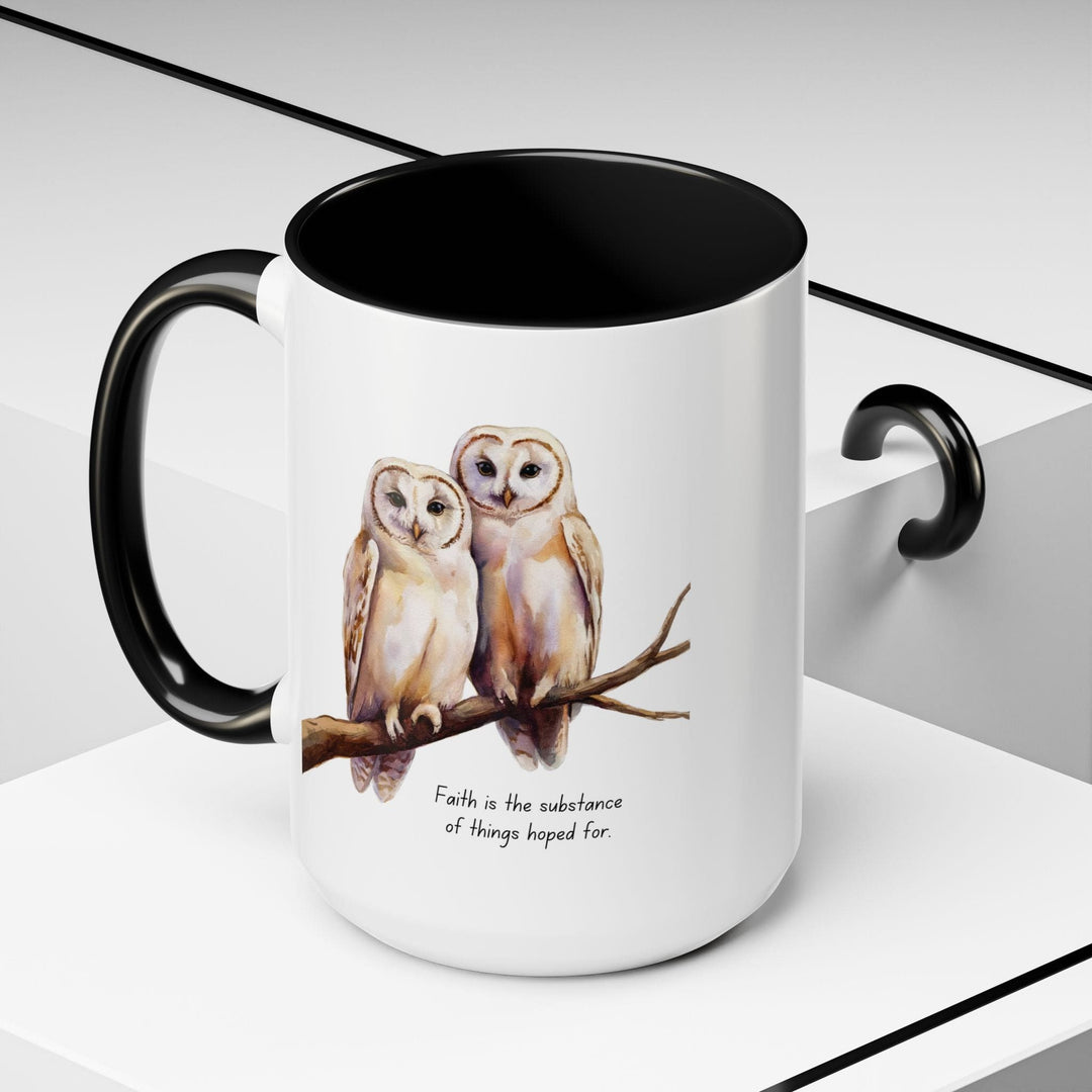 Ceramic Gift Mug - Two White Owls - Scripture Inspired - Faith is the Substance
