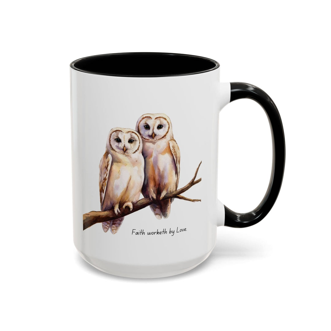 Ceramic Gift Mug - Two White Owls - Scripture Inspired - Faith Worketh by Love