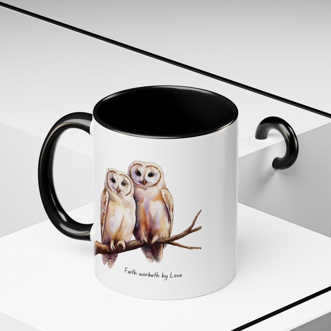 Ceramic Gift Mug - Two White Owls - Scripture Inspired - Faith Worketh by Love