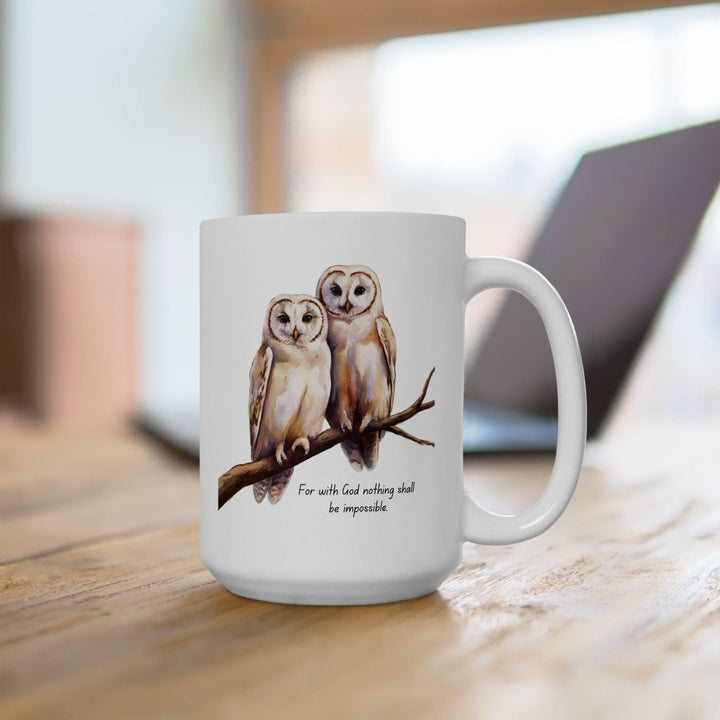 Ceramic Gift Mug - Two White Owls - Scripture Inspired - for with God Nothing