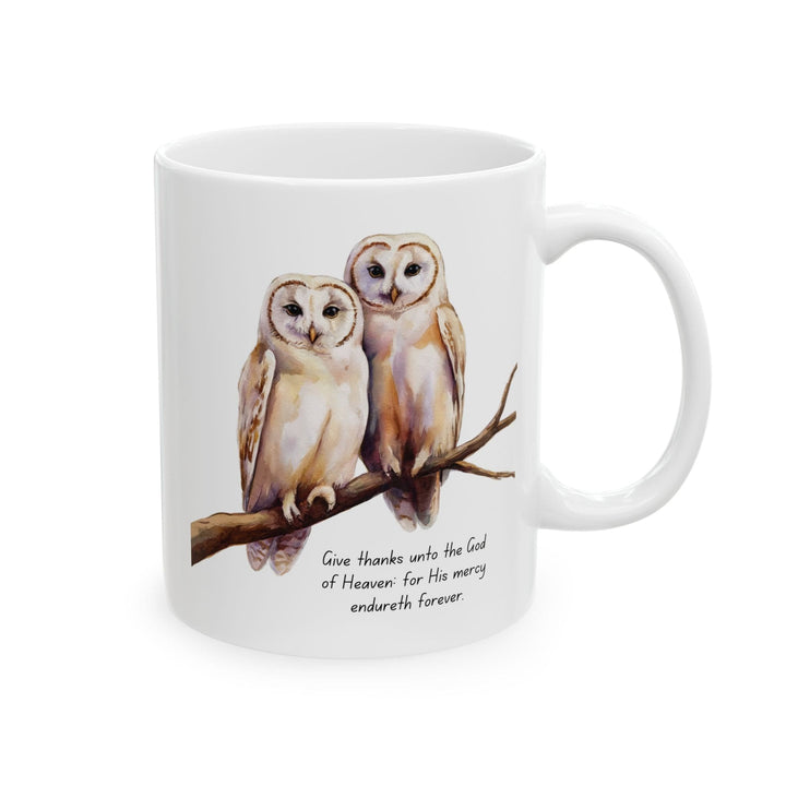 Ceramic Gift Mug - Two White Owls - Scripture Inspired - Give Thanks Unto