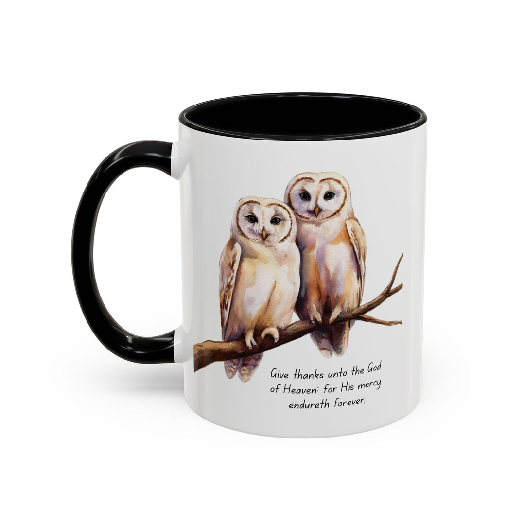 Ceramic Gift Mug - Two White Owls - Scripture Inspired - Give Thanks Unto