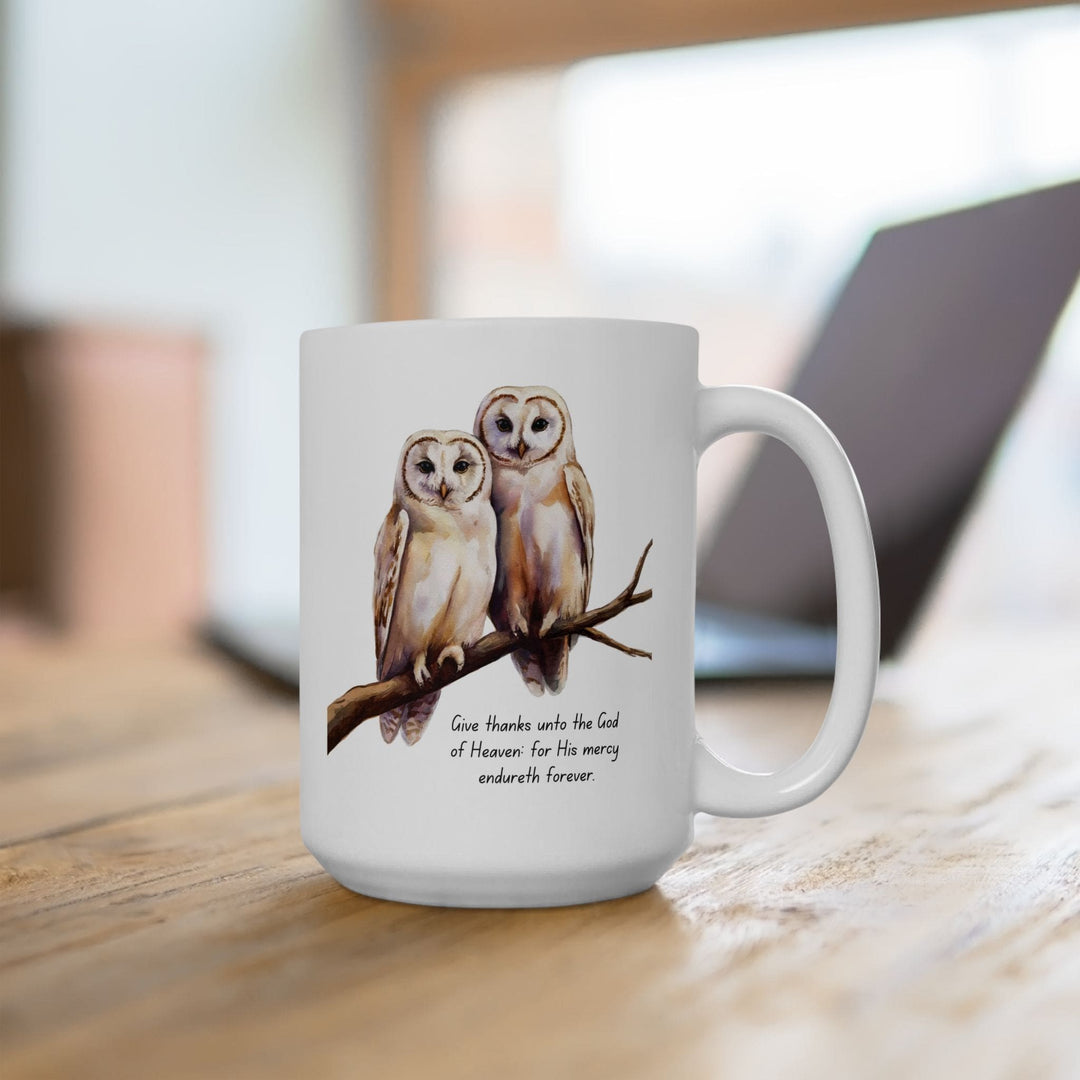 Ceramic Gift Mug - Two White Owls - Scripture Inspired - Give Thanks Unto