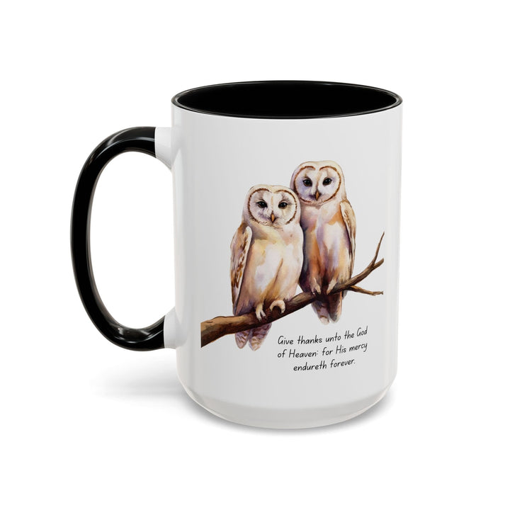 Ceramic Gift Mug - Two White Owls - Scripture Inspired - Give Thanks Unto
