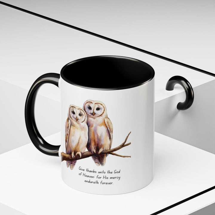 Ceramic Gift Mug - Two White Owls - Scripture Inspired - Give Thanks Unto