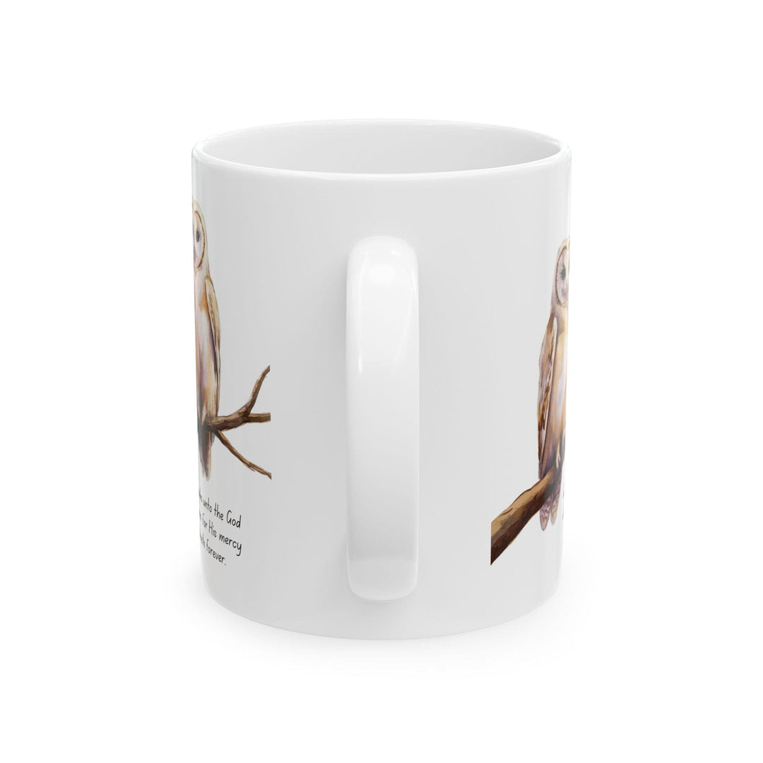 Ceramic Gift Mug - Two White Owls - Scripture Inspired - Give Thanks Unto