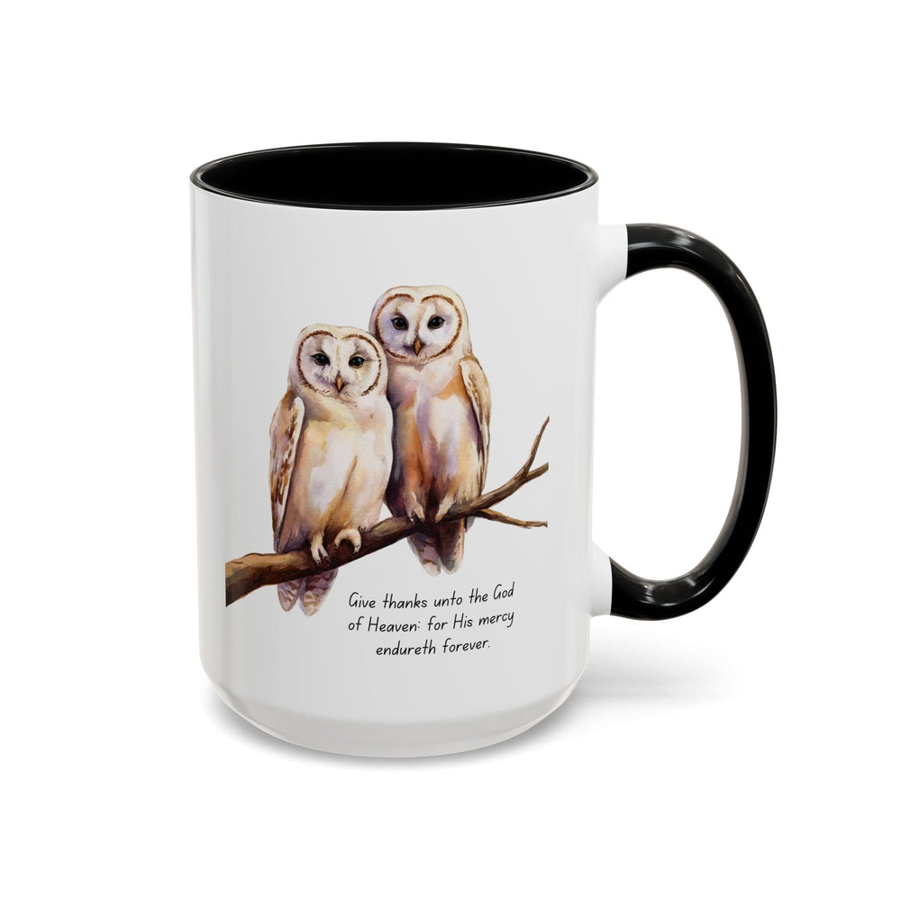 Ceramic Gift Mug - Two White Owls - Scripture Inspired - Give Thanks Unto