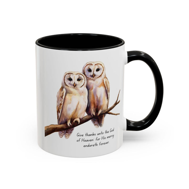 Ceramic Gift Mug - Two White Owls - Scripture Inspired - Give Thanks Unto