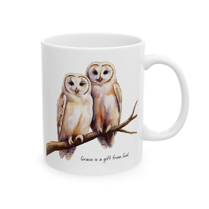 Ceramic Gift Mug - Two White Owls - Scripture Inspired - Grace is a Gift