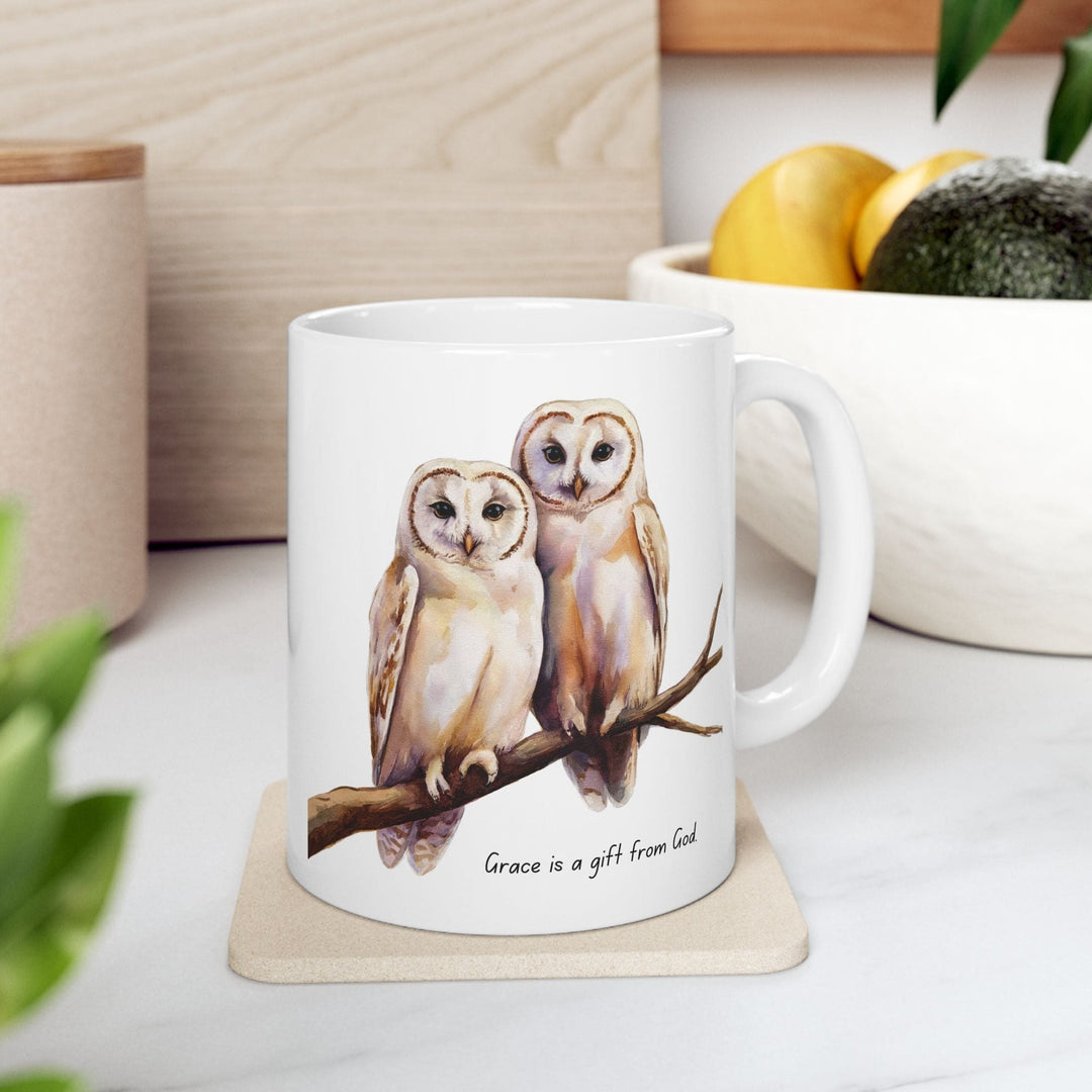 Ceramic Gift Mug - Two White Owls - Scripture Inspired - Grace is a Gift