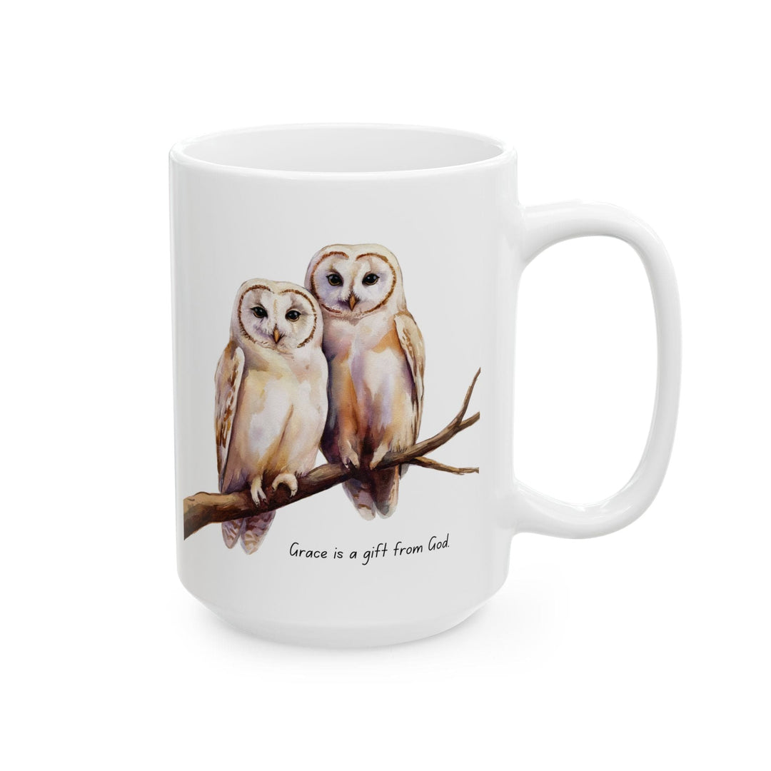 Ceramic Gift Mug - Two White Owls - Scripture Inspired - Grace is a Gift