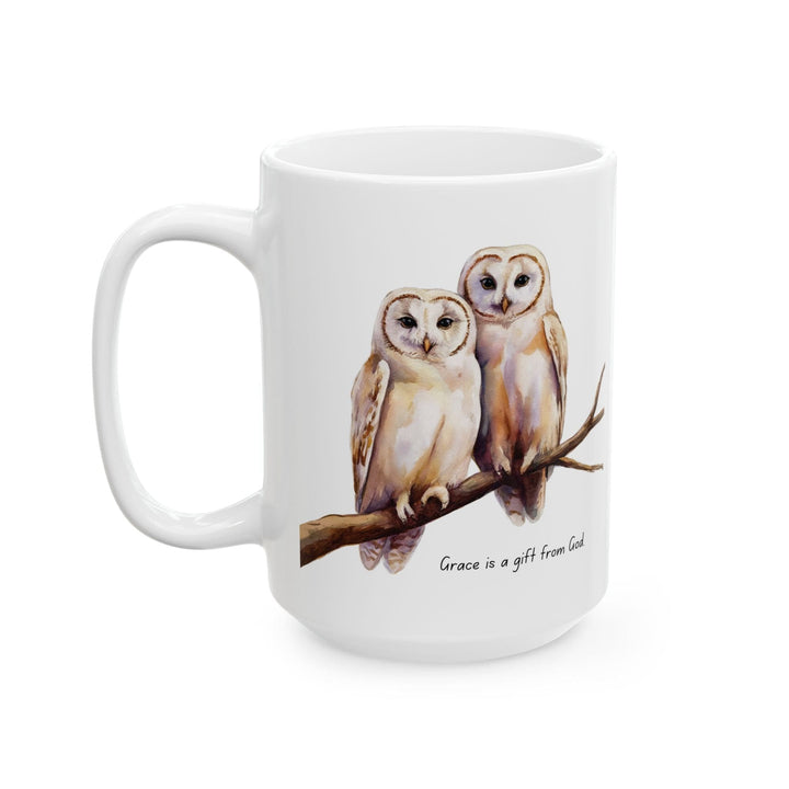 Ceramic Gift Mug - Two White Owls - Scripture Inspired - Grace is a Gift