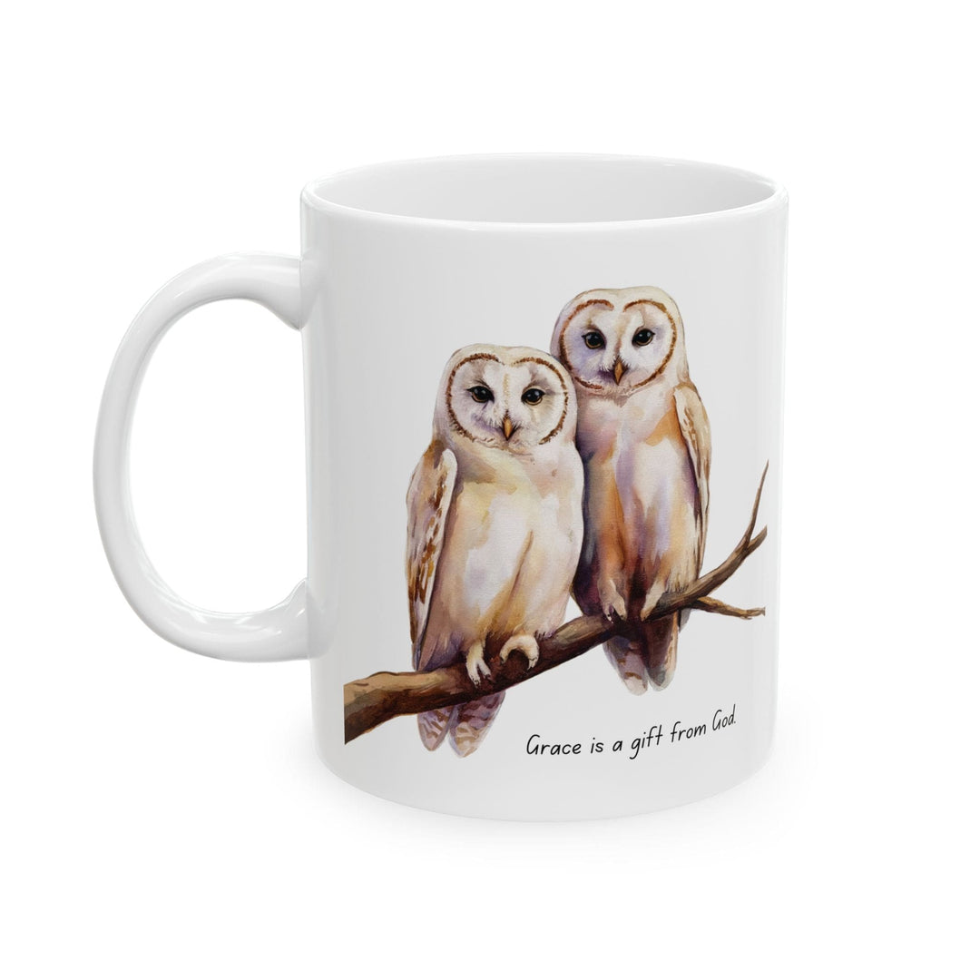 Ceramic Gift Mug - Two White Owls - Scripture Inspired - Grace is a Gift
