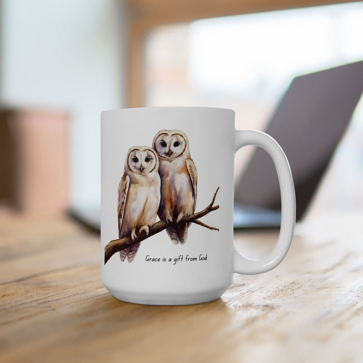 Ceramic Gift Mug - Two White Owls - Scripture Inspired - Grace is a Gift