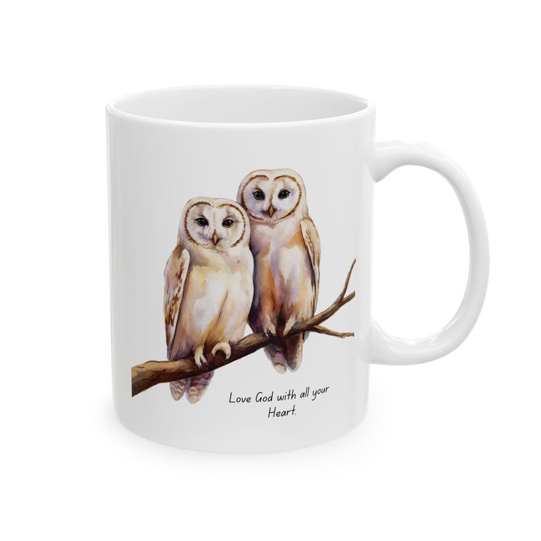 Ceramic Gift Mug - Two White Owls - Scripture Inspired - Love God with All