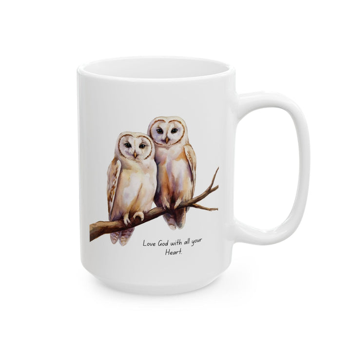 Ceramic Gift Mug - Two White Owls - Scripture Inspired - Love God with All
