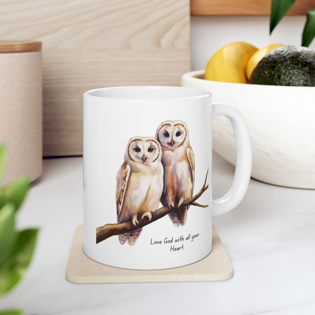 Ceramic Gift Mug - Two White Owls - Scripture Inspired - Love God with All