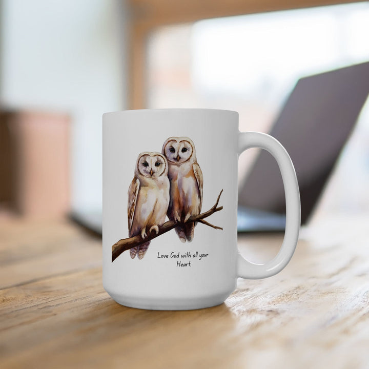 Ceramic Gift Mug - Two White Owls - Scripture Inspired - Love God with All