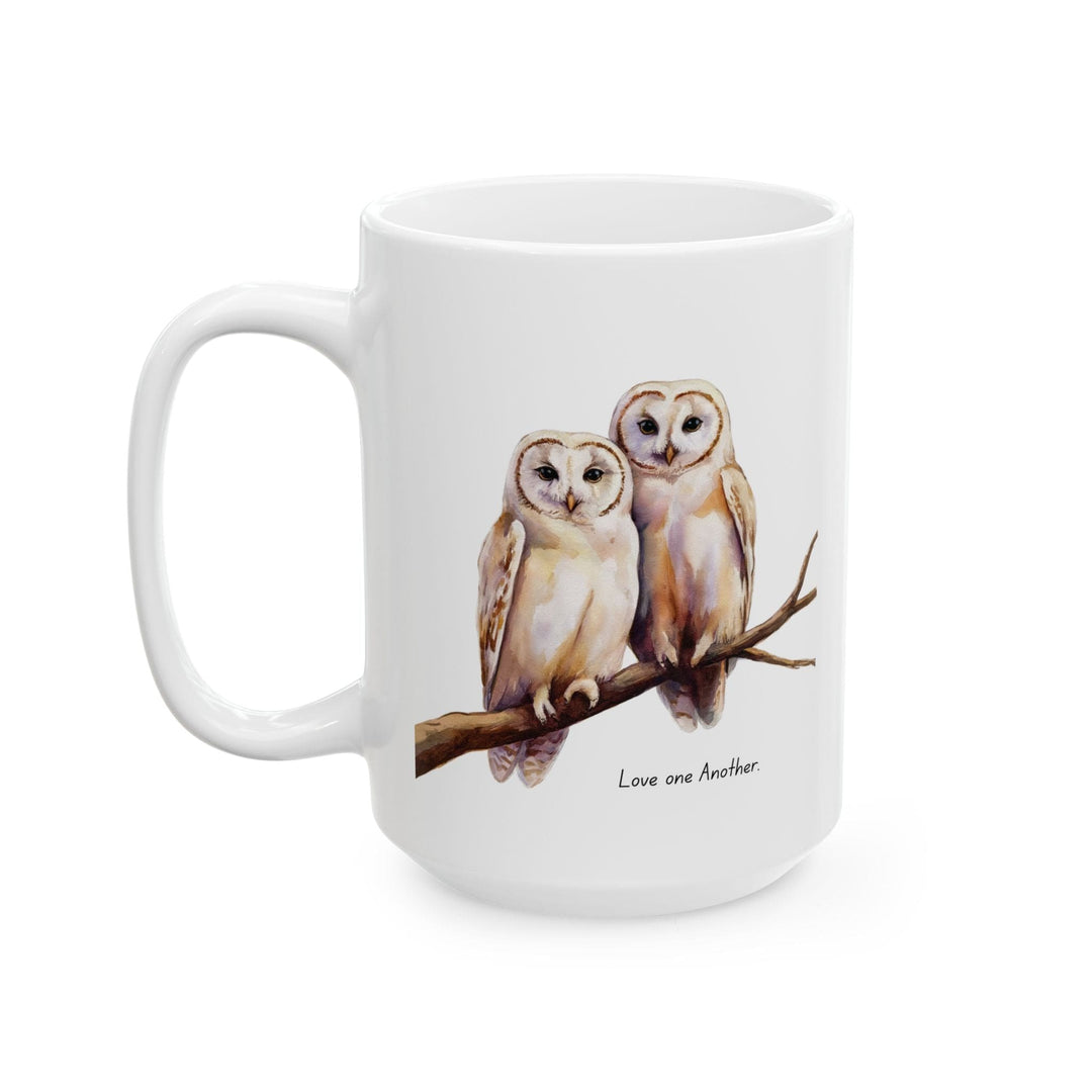 Ceramic Gift Mug - Two White Owls - Scripture Inspired - Love one Another
