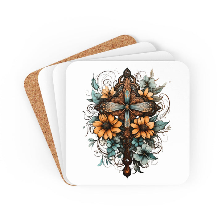 Coaster Set Of 4 For Drinks Blue Brown Yellow Christian Cross Floral Bouquet
