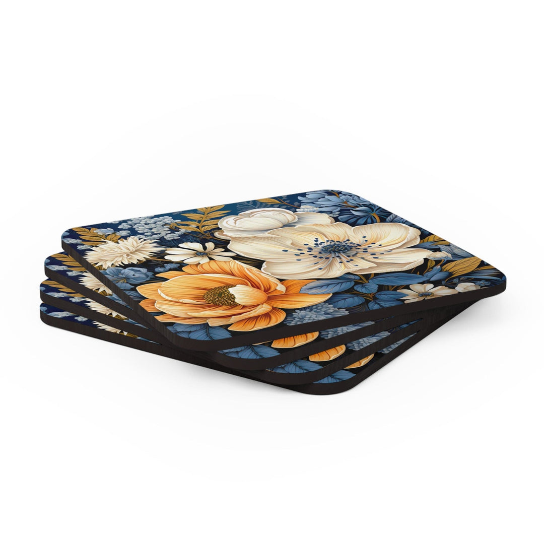 Coaster Set of 4 for Drinks Blue Floral Block Print Illustration - Decorative