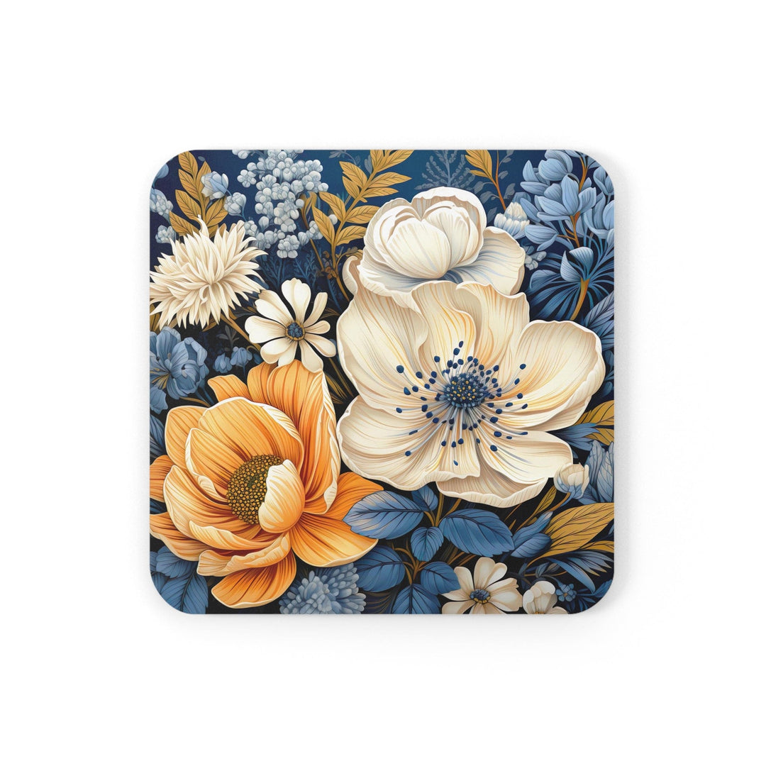 Coaster Set of 4 for Drinks Blue Floral Block Print Illustration - Decorative