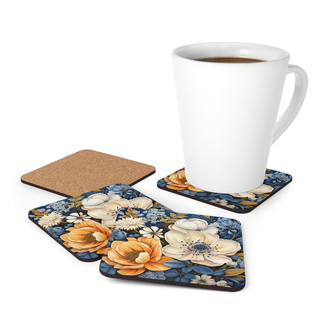 Coaster Set of 4 for Drinks Blue Floral Block Print Illustration - Decorative