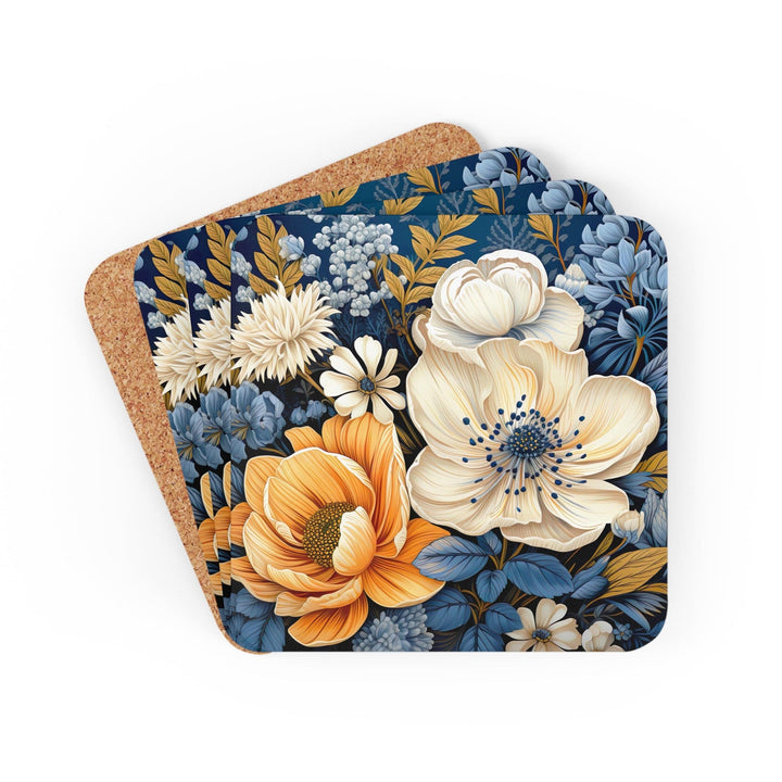 Coaster Set of 4 for Drinks Blue Floral Block Print Illustration - Decorative