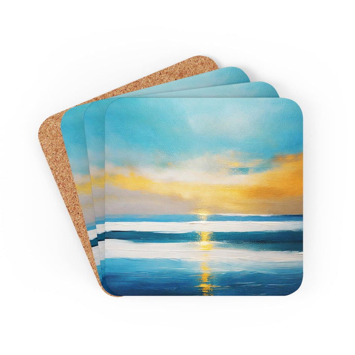 Coaster Set of 4 for Drinks Blue Ocean Golden Sunset Print - Decorative