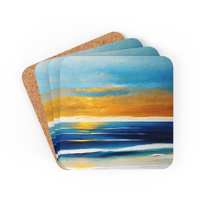 Coaster Set Of 4 For Drinks Blue Ocean Golden Sunset Print - Decorative