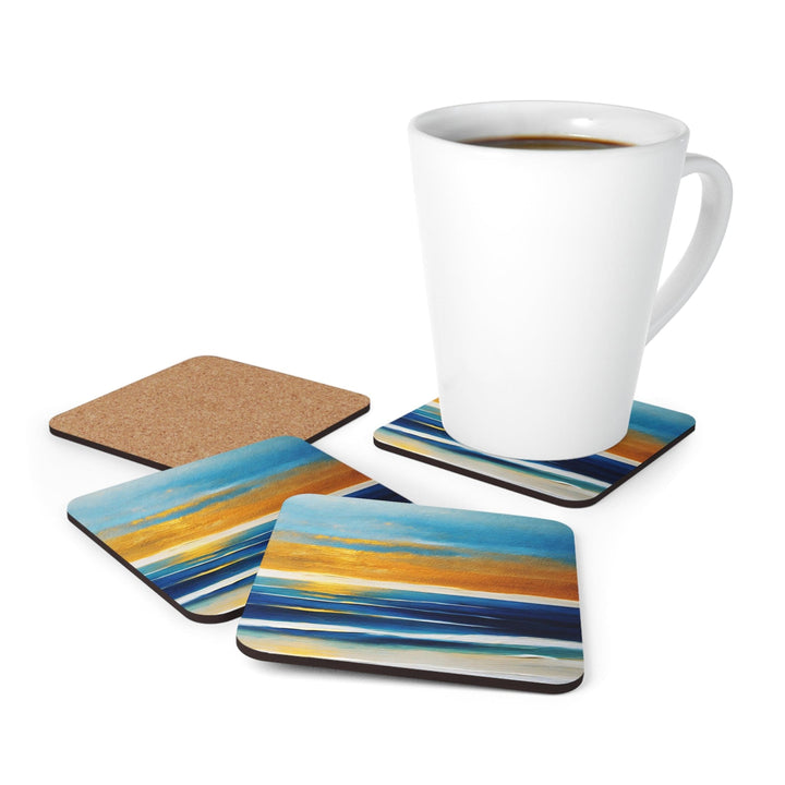 Coaster Set of 4 for Drinks Blue Ocean Golden Sunset Print - Decorative