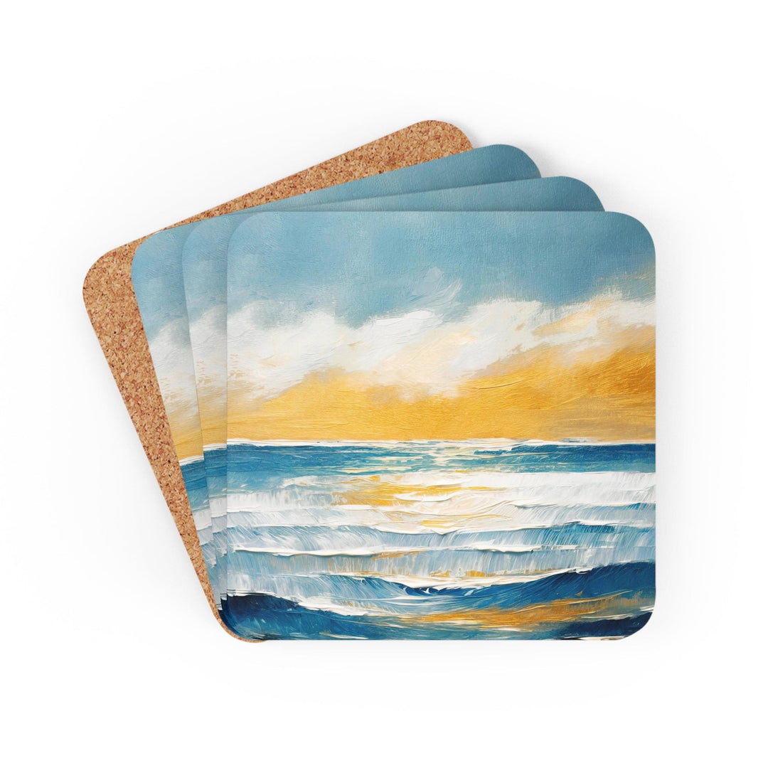 Coaster Set of 4 for Drinks Blue Ocean Golden Sunset Print - Decorative