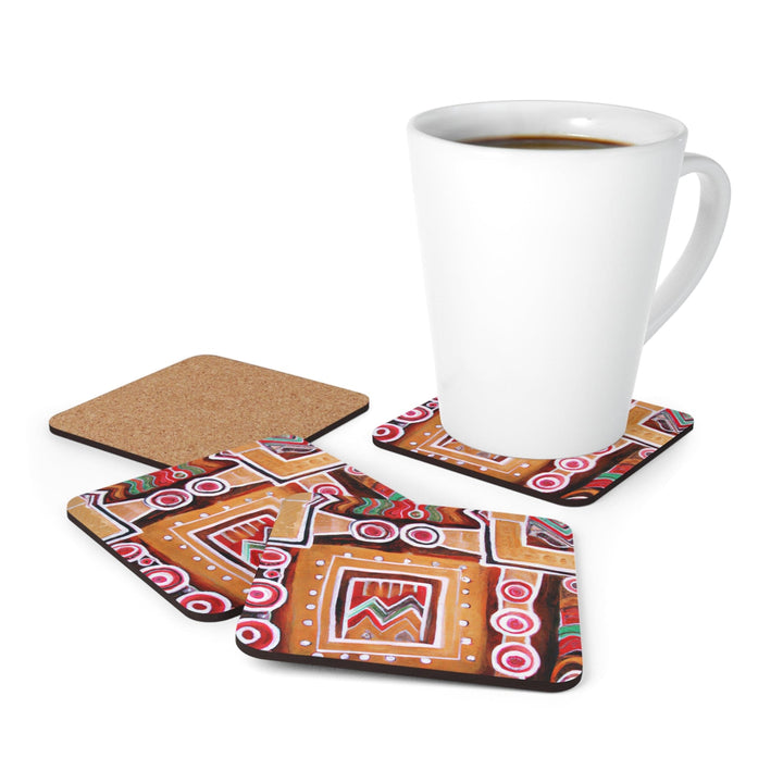 Coaster Set Of 4 For Drinks Brown Orange Green Aztec Pattern - Decorative