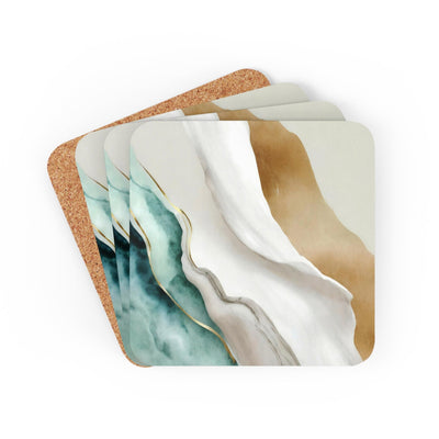 Coaster Set Of 4 For Drinks Cream White Green Marbled Print - Decorative