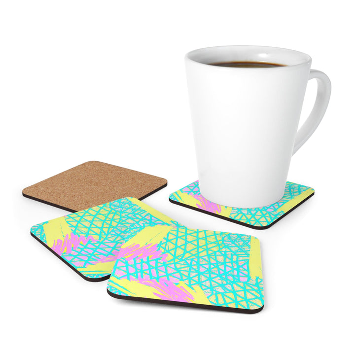 Coaster Set Of 4 For Drinks Cyan Blue Lime Green And Pink Pattern - Decorative