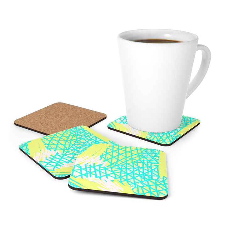 Coaster Set of 4 for Drinks Cyan Blue Lime Green and White Pattern - Decorative