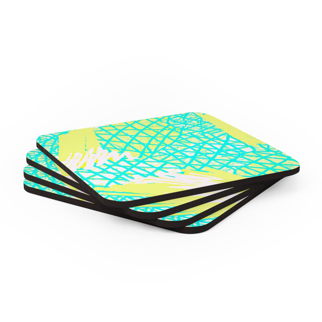 Coaster Set of 4 for Drinks Cyan Blue Lime Green and White Pattern - Decorative