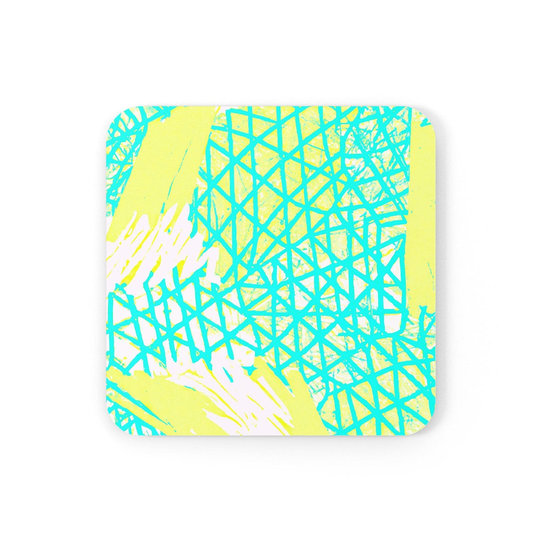 Coaster Set of 4 for Drinks Cyan Blue Lime Green and White Pattern - Decorative