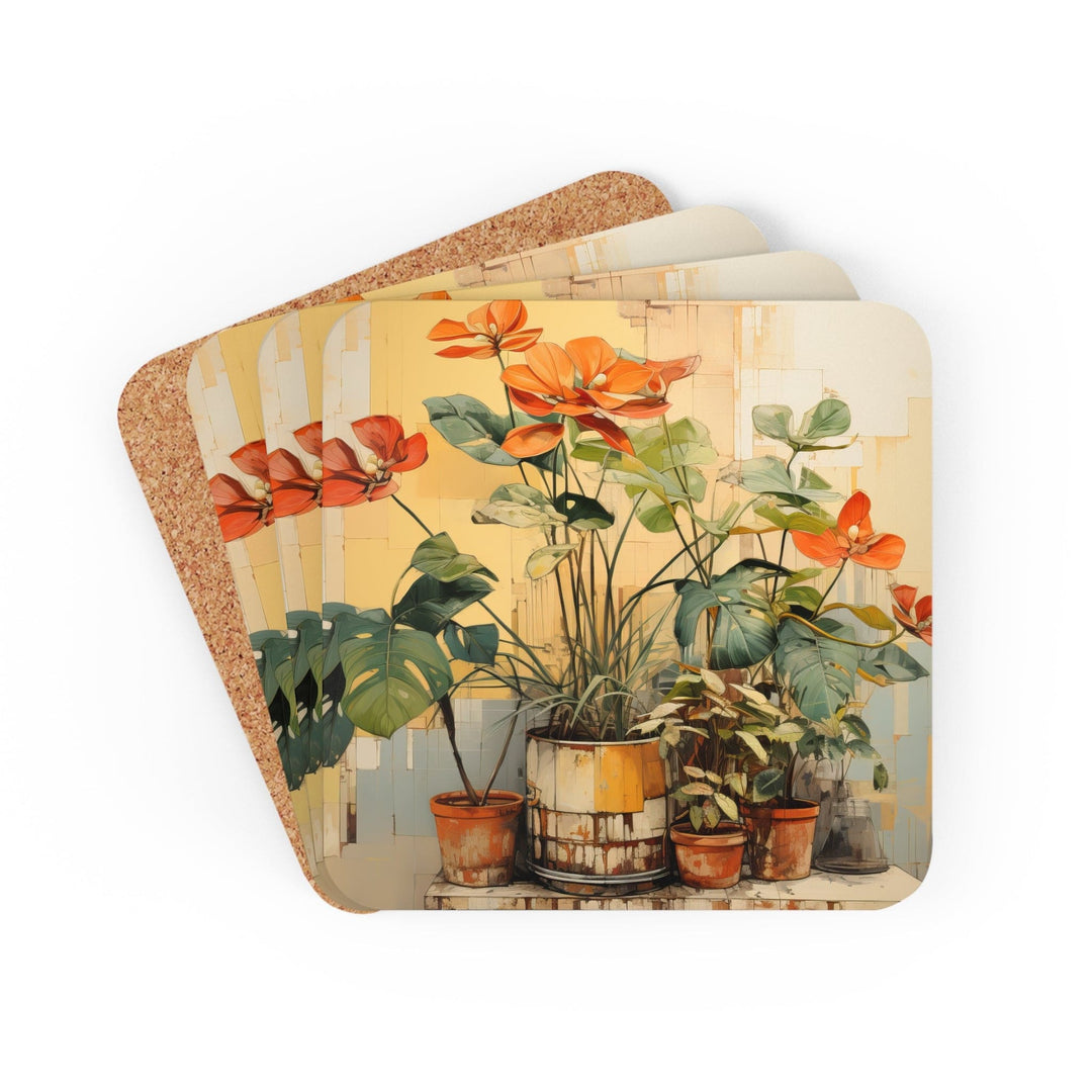 Coaster Set Of 4 For Drinks Earthy Rustic Potted Plants Print - Decorative