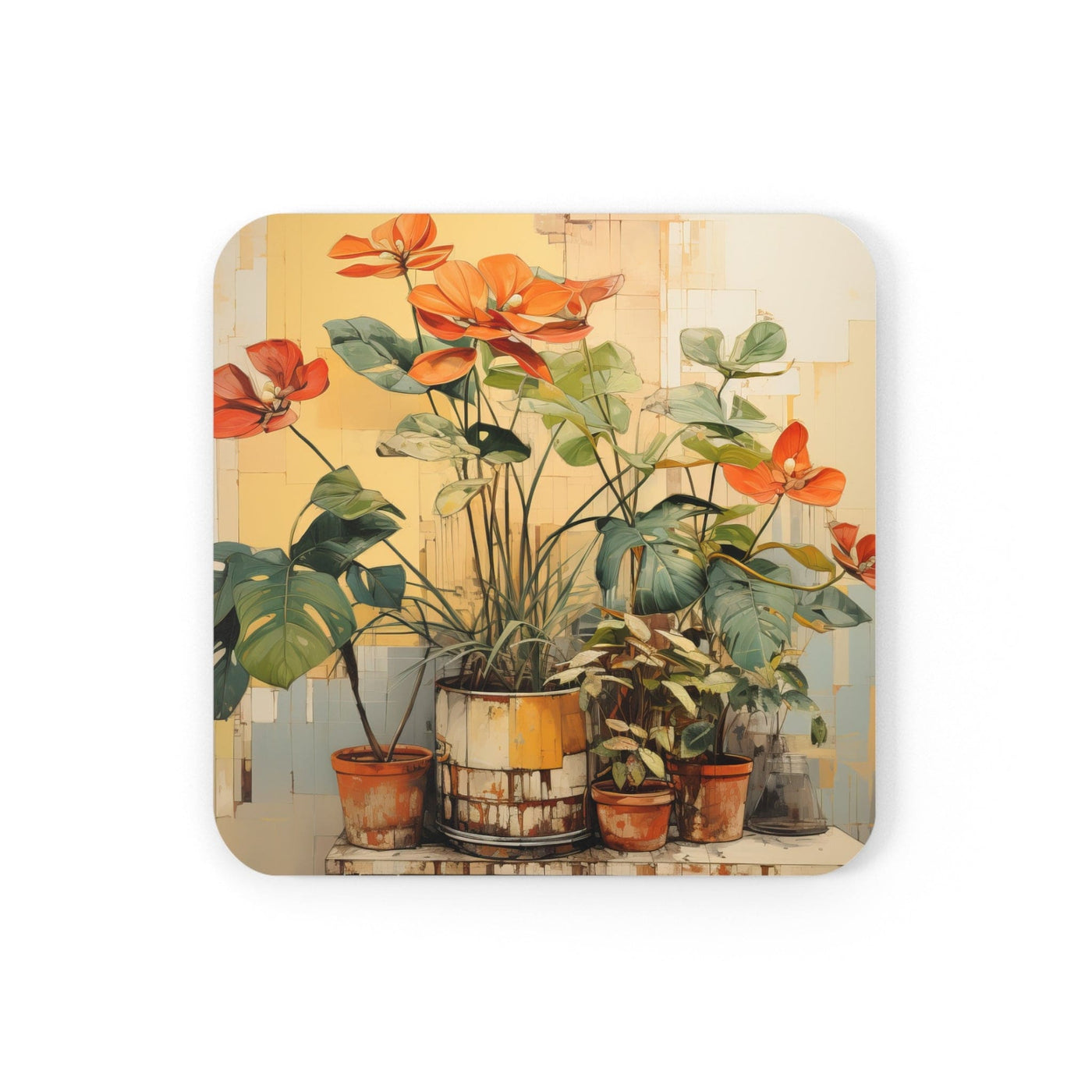 Coaster Set Of 4 For Drinks Earthy Rustic Potted Plants Print - Decorative