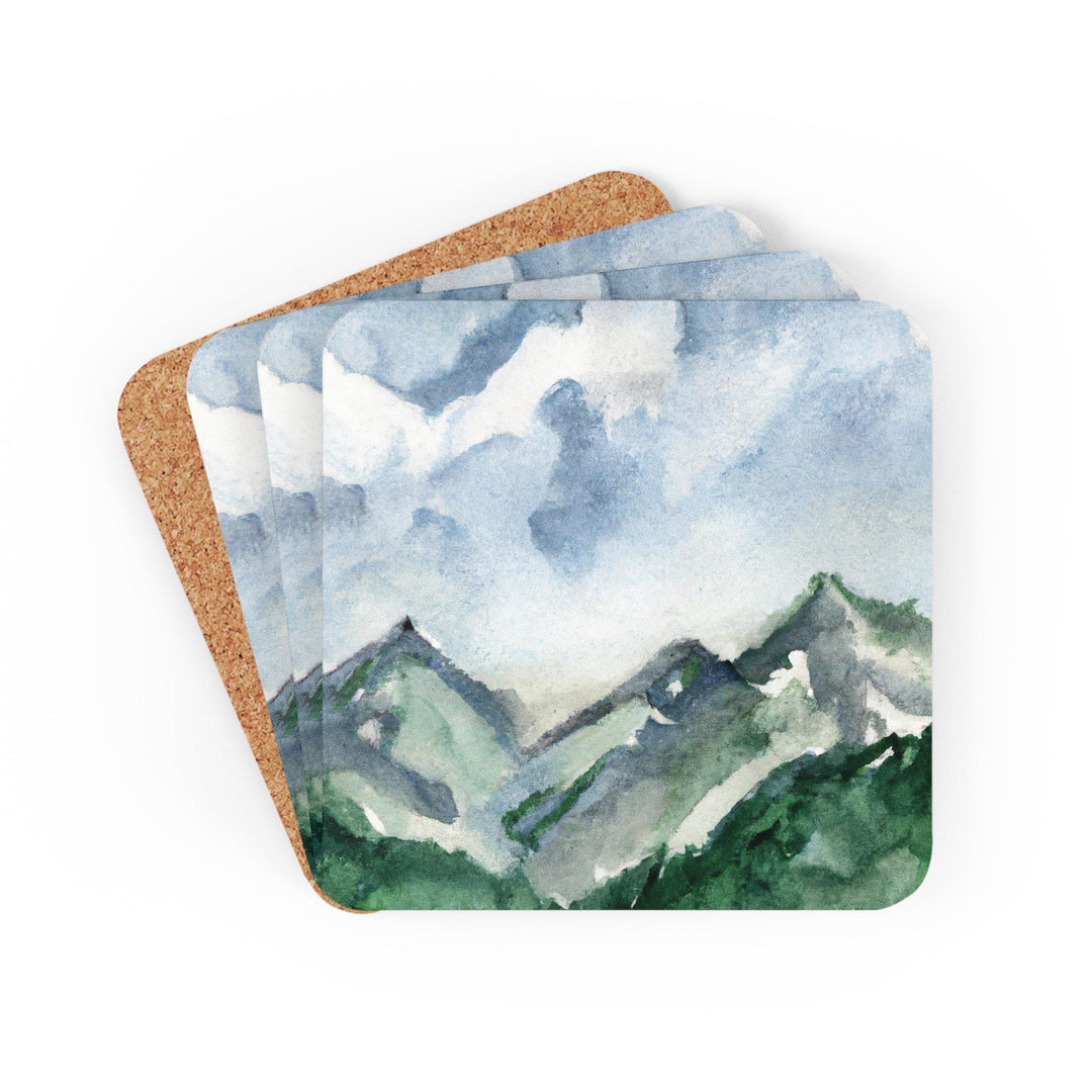 Coaster Set of 4 for Drinks Green Mountainside Nature Landscape Blue Sky Print