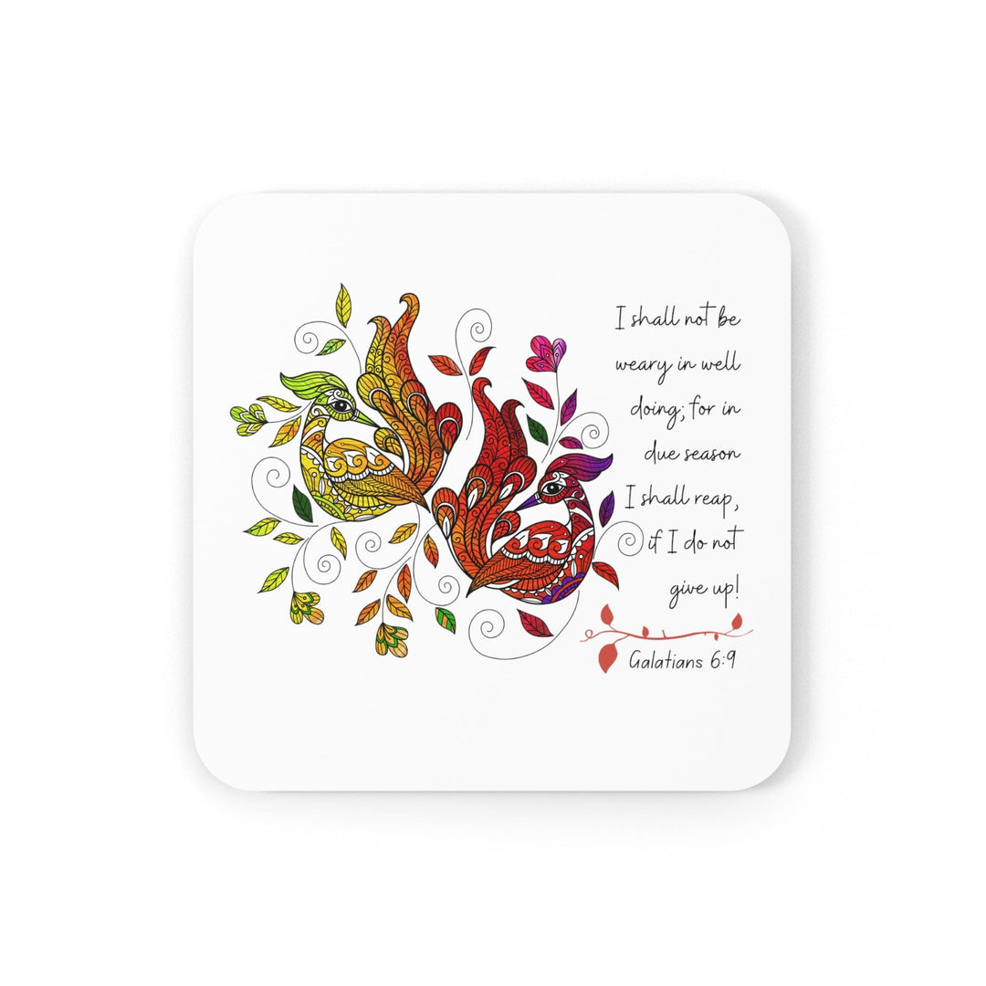 Coaster Set of 4 for Drinks i Shall not be Weary in Well Doing Peacock Design