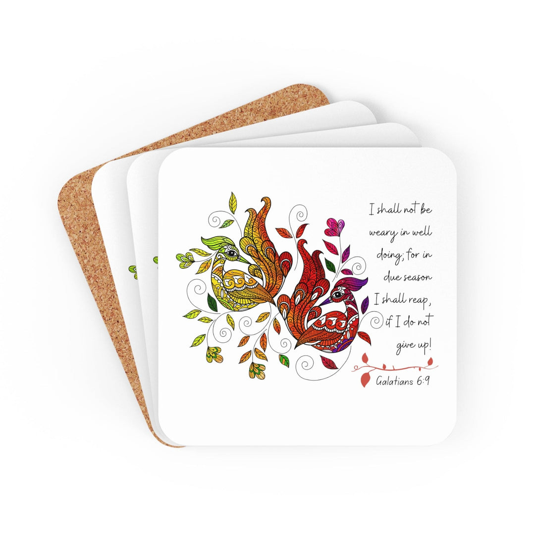 Coaster Set of 4 for Drinks i Shall not be Weary in Well Doing Peacock Design