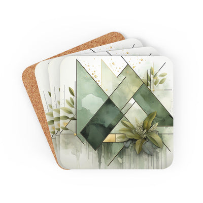 Coaster Set Of 4 For Drinks Olive Green Mint Leaf Geometric Print - Decorative