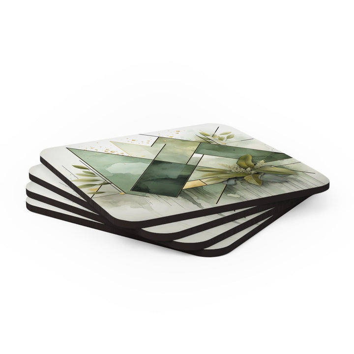 Coaster Set Of 4 For Drinks Olive Green Mint Leaf Geometric Print - Decorative