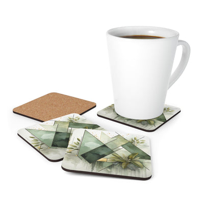 Coaster Set Of 4 For Drinks Olive Green Mint Leaf Geometric Print - Decorative