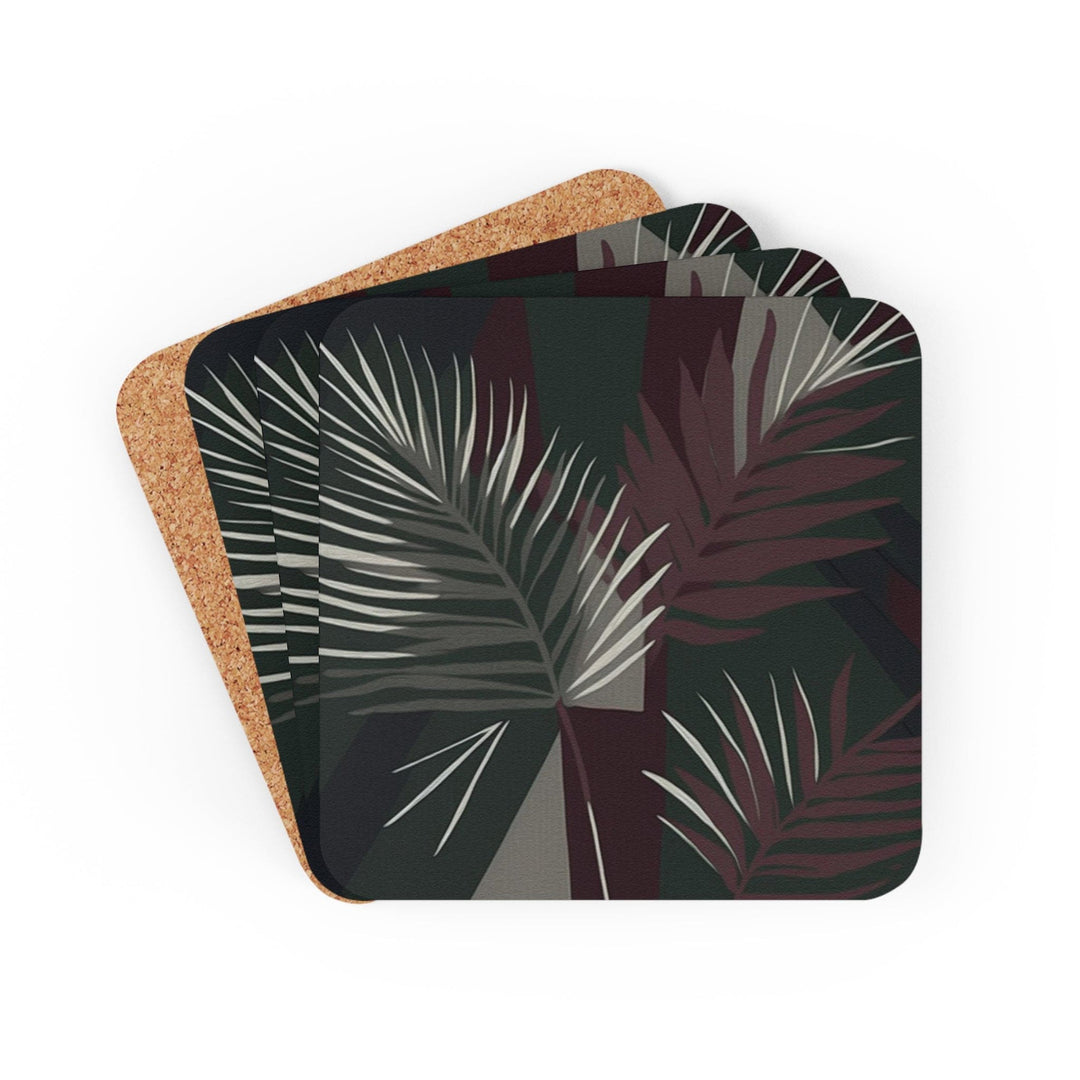 Coaster Set of 4 for Drinks Palm Tree Leaves Maroon Green Background Minimalist