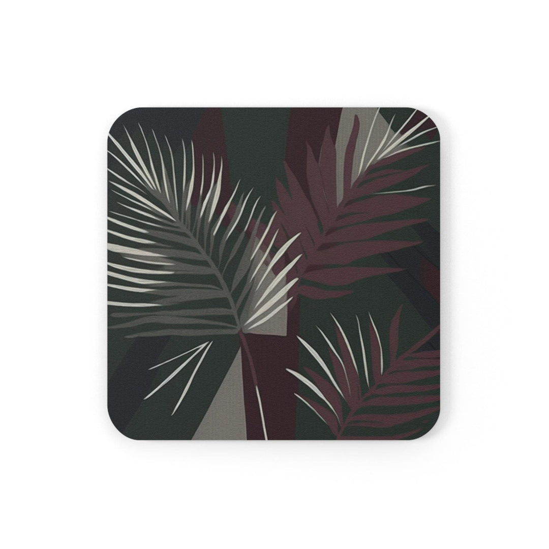 Coaster Set of 4 for Drinks Palm Tree Leaves Maroon Green Background Minimalist