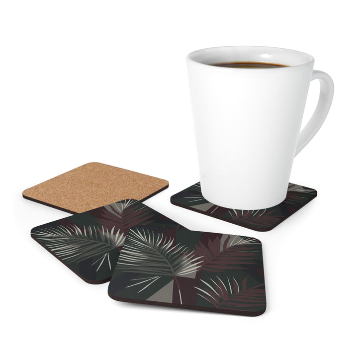 Coaster Set of 4 for Drinks Palm Tree Leaves Maroon Green Background Minimalist